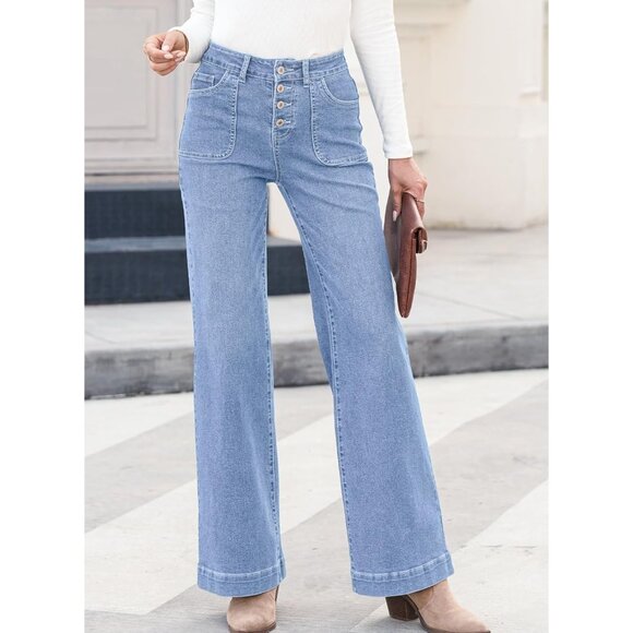 Women Stretch Denim Jeans High-Waisted Straight Leg Casual Pants - Picture 2 of 9